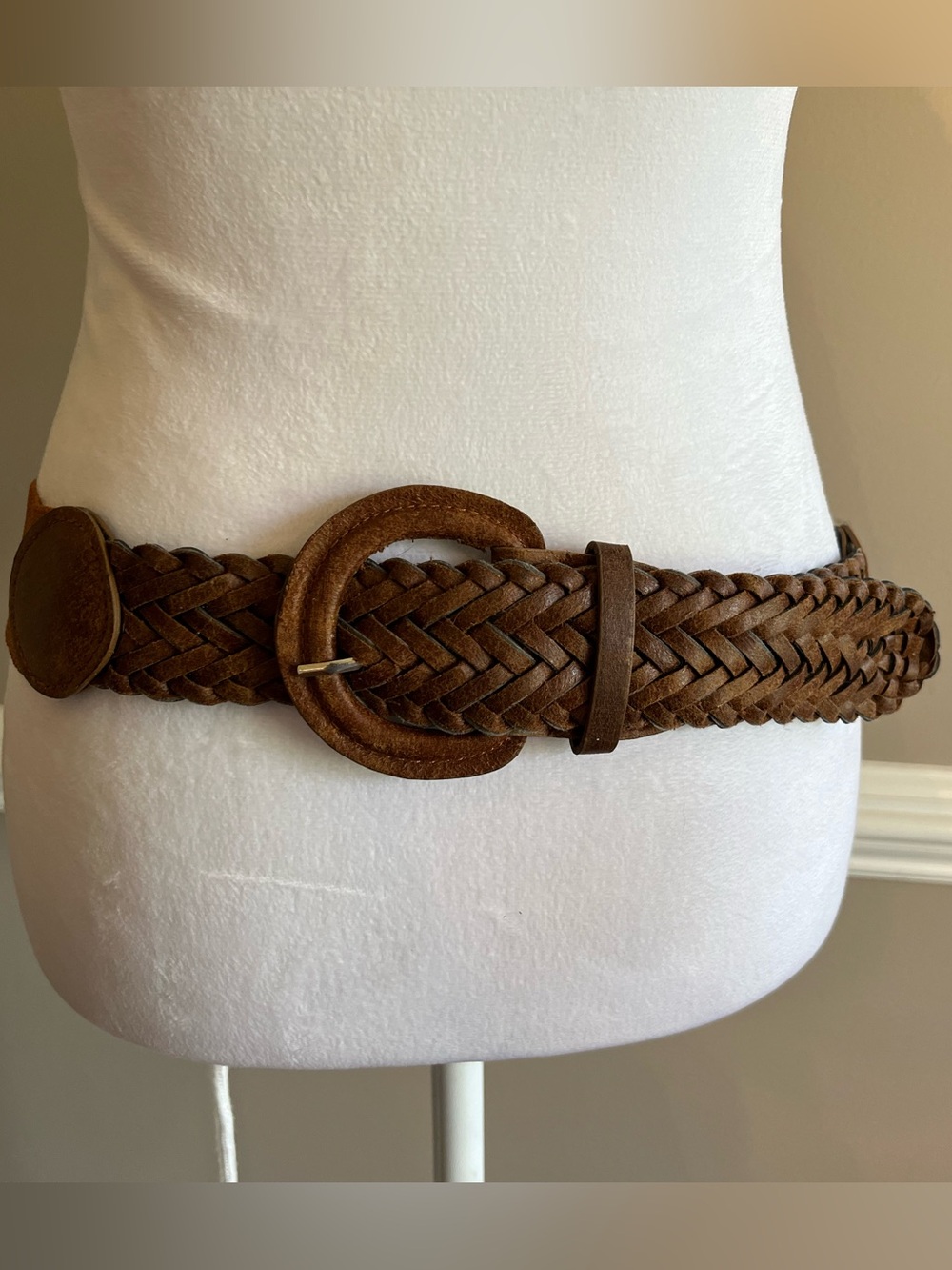 Braided Brown faux Leather and elastic Waist Belt with Round Buckle L